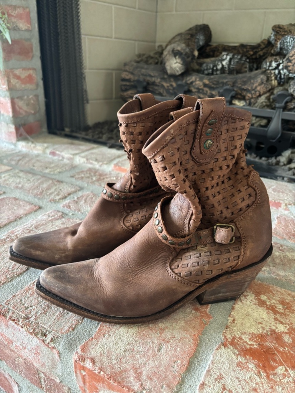 Woven Leather Western Ankle Boots — Brown